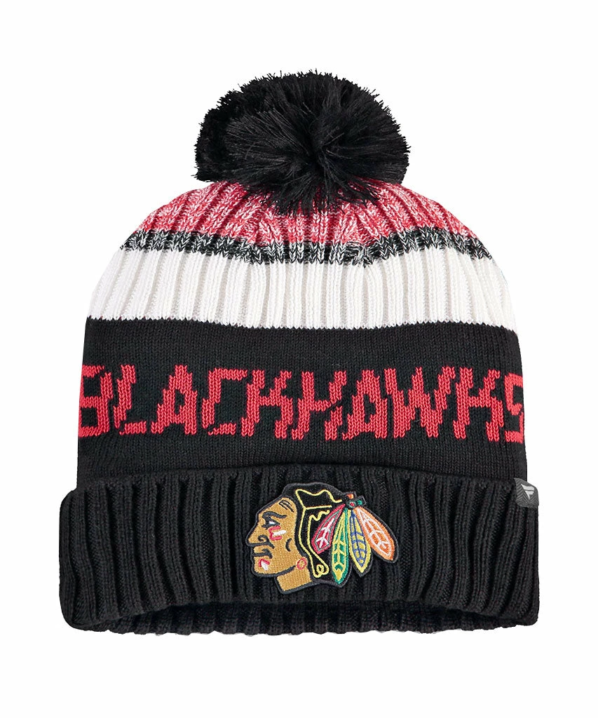 CHICAGO BLACKHAWKS FANATICS MEN'S RINKSIDE GOALIE POM BEANIE TOQUE 3 CHICAGO BLACKHAWKS FANATICS MEN'S RINKSIDE GOALIE POM BEANIE TOQUE