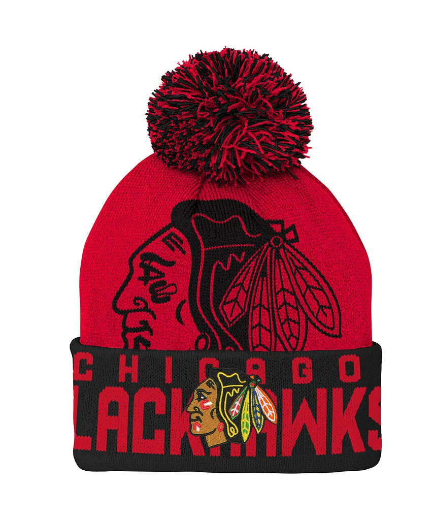 Outer Stuff CHICAGO BLACKHAWKS KID'S REDLINE CUFFED POM KNIT TOQUE 3 Outer Stuff CHICAGO BLACKHAWKS KID'S REDLINE CUFFED POM KNIT TOQUE